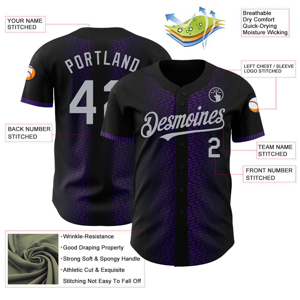 Custom Black Gray-Purple 3D Pattern Design Geometric Shapes Authentic Baseball Jersey - Sky-Custom