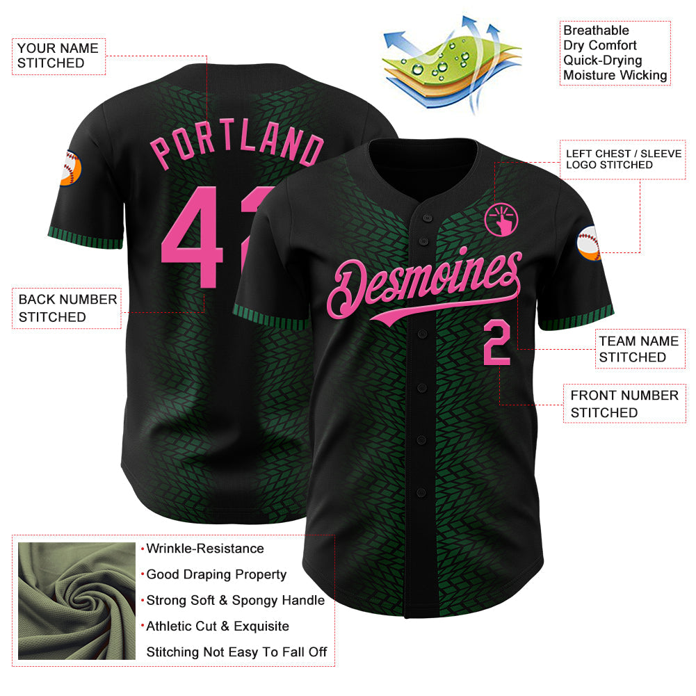 Custom Black Pink-Kelly Green 3D Pattern Design Geometric Shapes Authentic Baseball Jersey - Sky-Custom