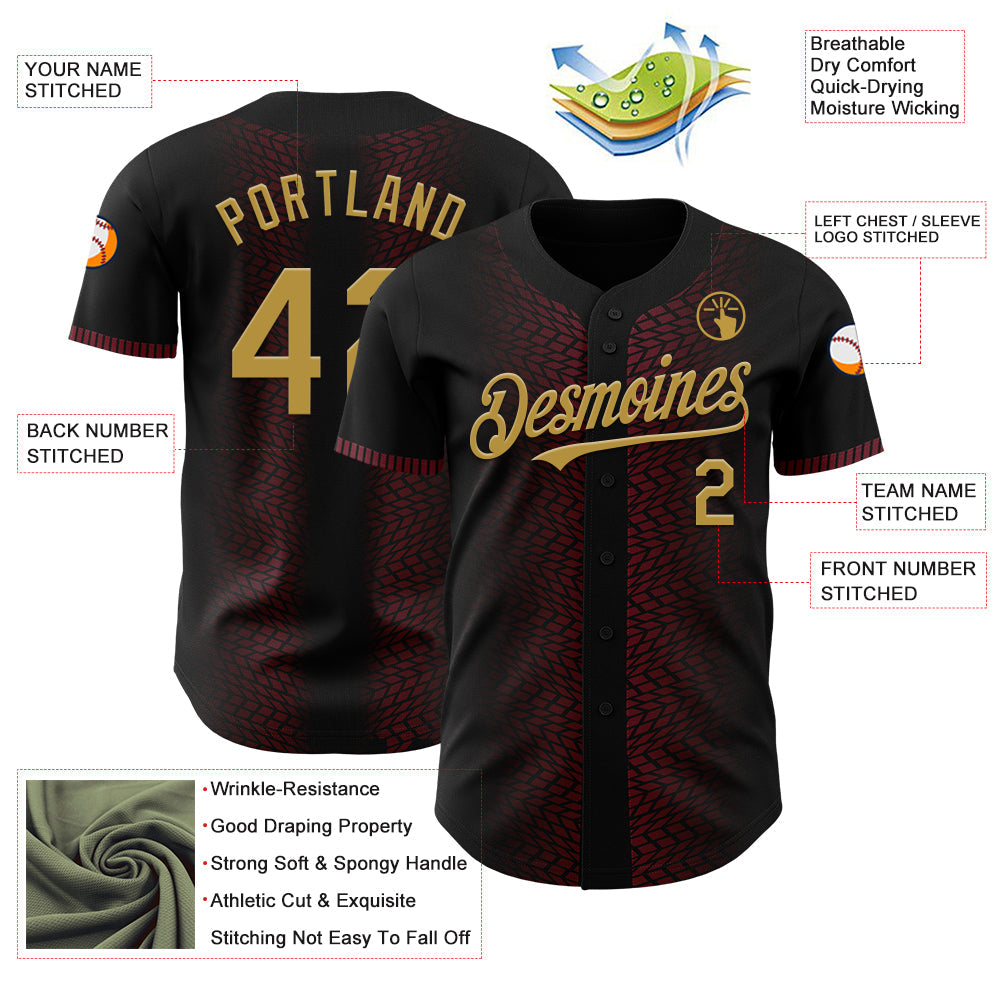 Custom Black Old Gold-Burgundy 3D Pattern Design Geometric Shapes Authentic Baseball Jersey - Sky-Custom
