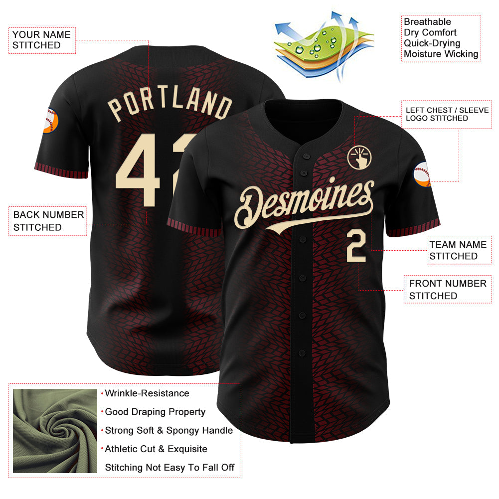 Custom Black Cream-Burgundy 3D Pattern Design Geometric Shapes Authentic Baseball Jersey - Sky-Custom