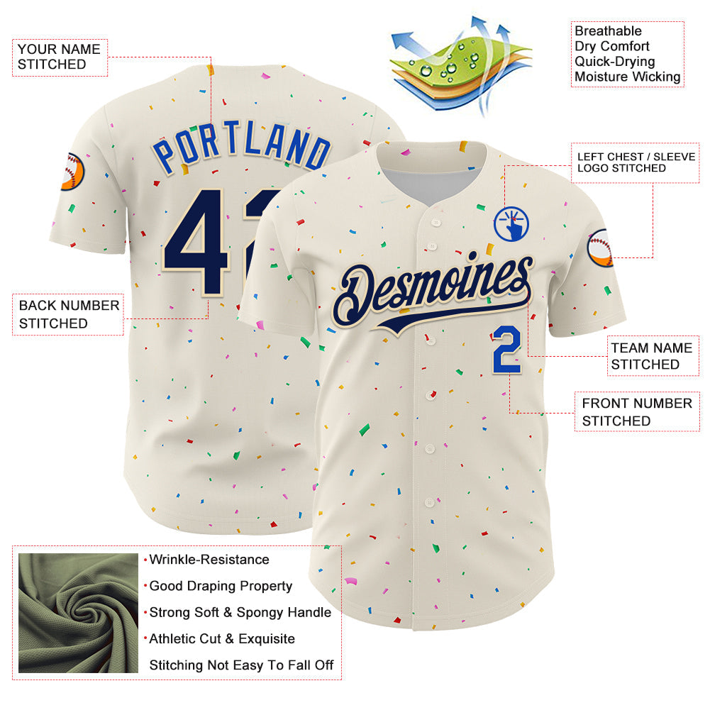 Custom Cream Navy-Thunder Blue 3D Pattern Design Confetti Authentic Baseball Jersey - Sky-Custom