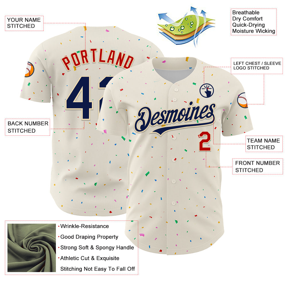 Custom Cream Navy-Red 3D Pattern Design Confetti Authentic Baseball Jersey - Sky-Custom