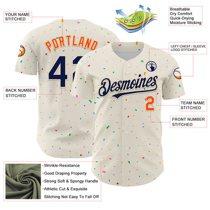 Custom Cream Navy-Orange 3D Pattern Design Confetti Authentic Baseball Jersey - Sky-Custom