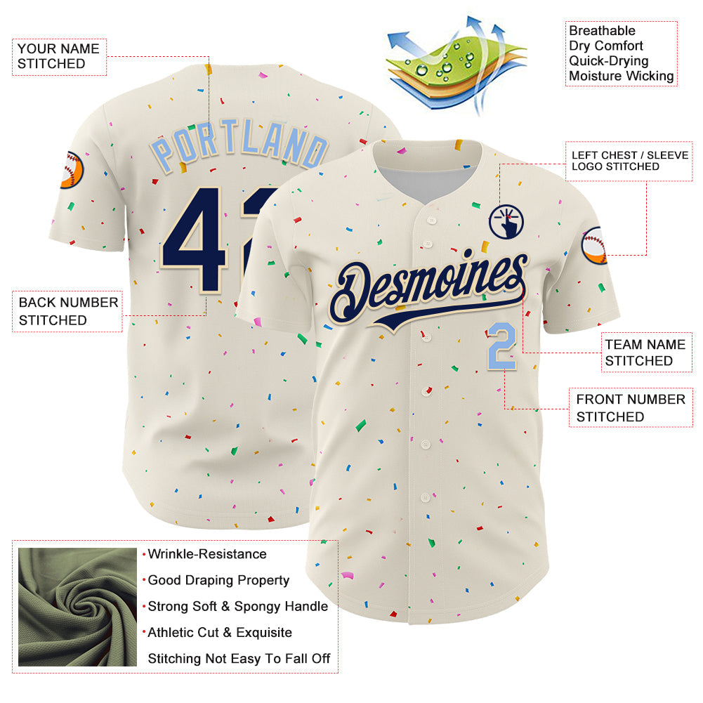 Custom Cream Navy-Light Blue 3D Pattern Design Confetti Authentic Baseball Jersey - Sky-Custom