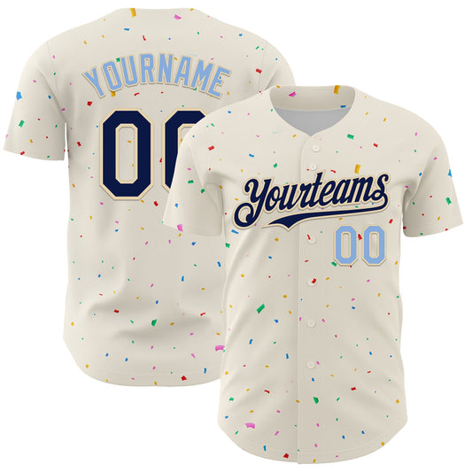 Custom Cream Navy-Light Blue 3D Pattern Design Confetti Authentic Baseball Jersey - Sky-Custom