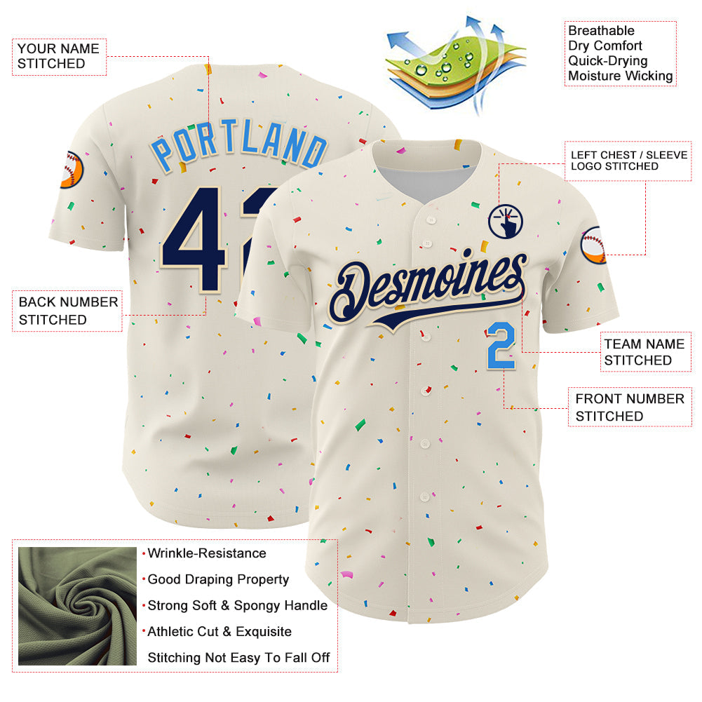 Custom Cream Navy-Electric Blue 3D Pattern Design Confetti Authentic Baseball Jersey - Sky-Custom