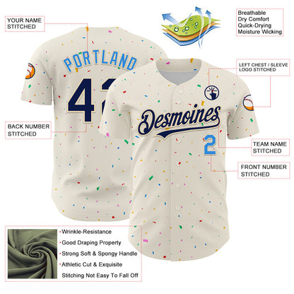 Custom Cream Navy-Electric Blue 3D Pattern Design Confetti Authentic Baseball Jersey - Sky-Custom