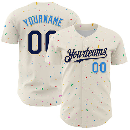Custom Cream Navy-Electric Blue 3D Pattern Design Confetti Authentic Baseball Jersey - Sky-Custom