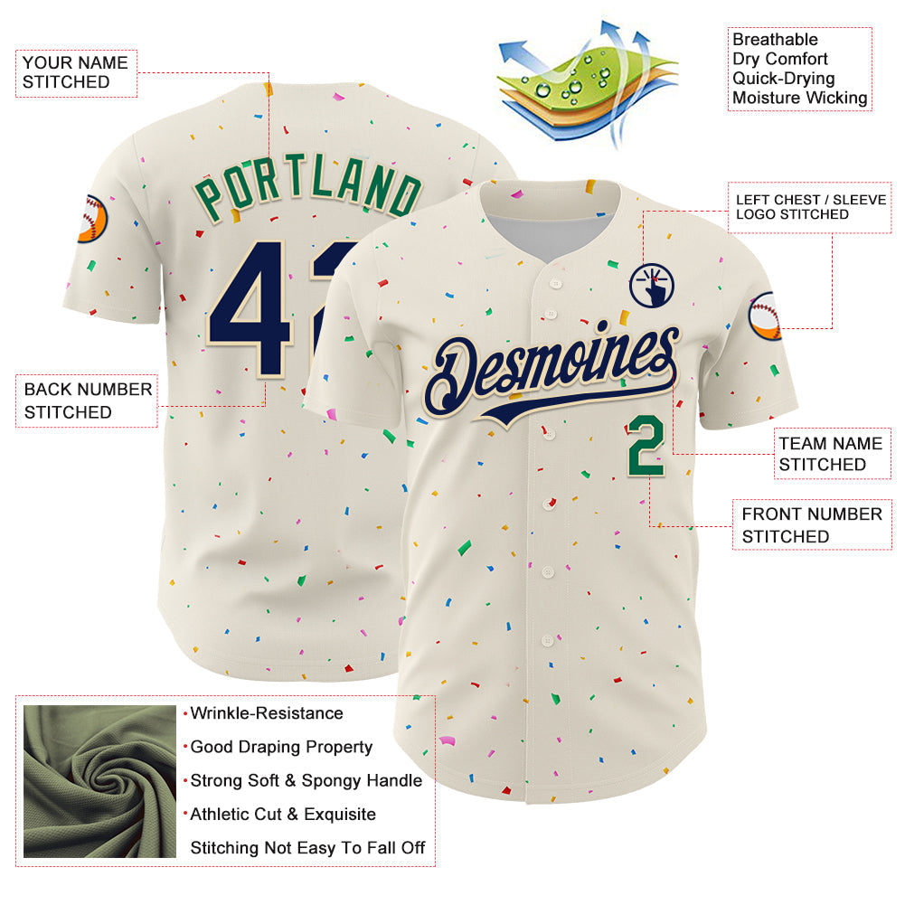 Custom Cream Navy-Kelly Green 3D Pattern Design Confetti Authentic Baseball Jersey - Sky-Custom