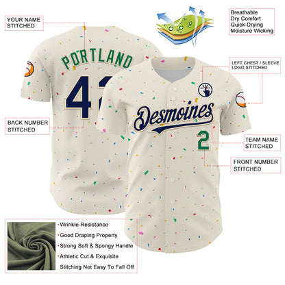 Custom Cream Navy-Kelly Green 3D Pattern Design Confetti Authentic Baseball Jersey - Sky-Custom