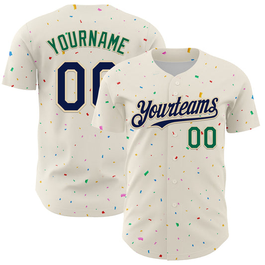 Custom Cream Navy-Kelly Green 3D Pattern Design Confetti Authentic Baseball Jersey - Sky-Custom