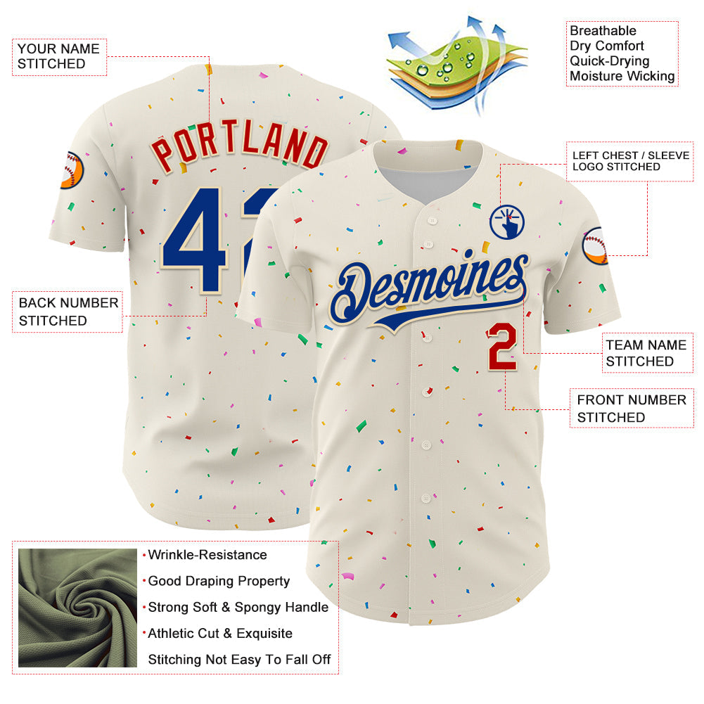 Custom Cream Royal-Red 3D Pattern Design Confetti Authentic Baseball Jersey - Sky-Custom