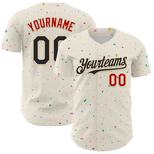 Custom Cream Black-Red 3D Pattern Design Confetti Authentic Baseball Jersey - Sky-Custom