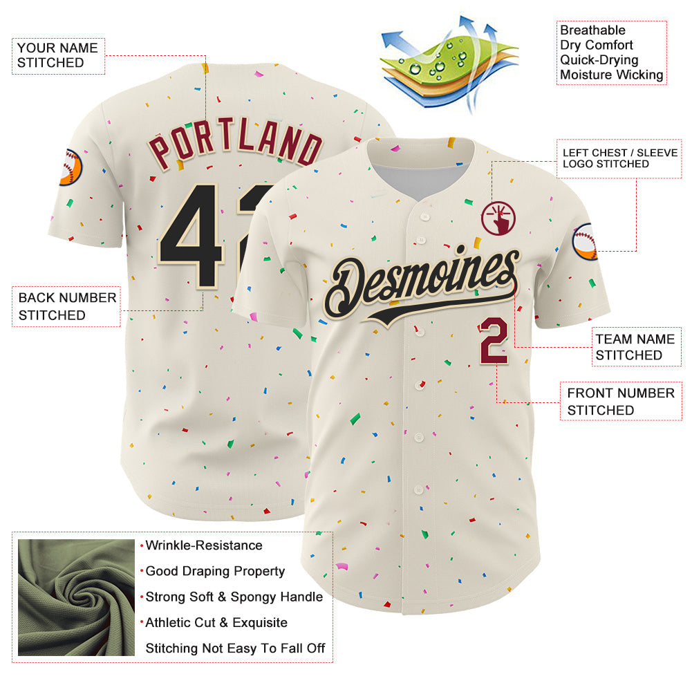 Custom Cream Black-Crimson 3D Pattern Design Confetti Authentic Baseball Jersey - Sky-Custom