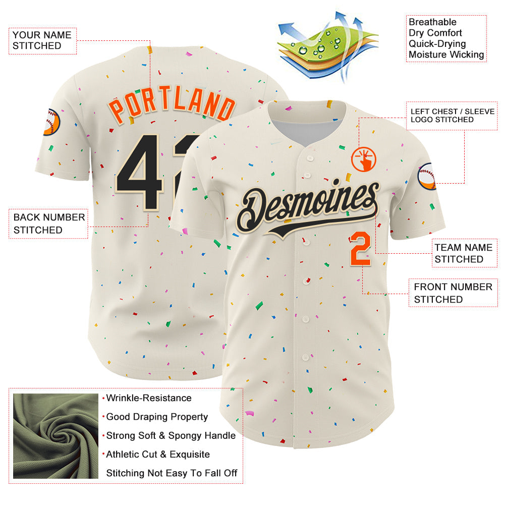 Custom Cream Black-Orange 3D Pattern Design Confetti Authentic Baseball Jersey - Sky-Custom