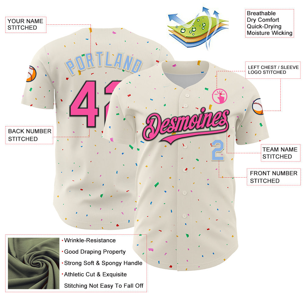 Custom Cream Pink Black-Light Blue 3D Pattern Design Confetti Authentic Baseball Jersey - Sky-Custom