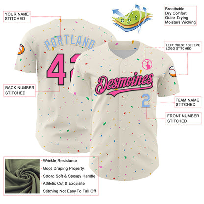 Custom Cream Pink Black-Light Blue 3D Pattern Design Confetti Authentic Baseball Jersey - Sky-Custom
