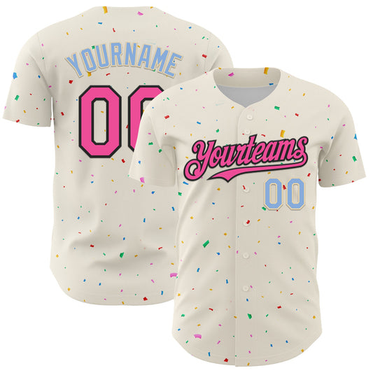 Custom Cream Pink Black-Light Blue 3D Pattern Design Confetti Authentic Baseball Jersey - Sky-Custom
