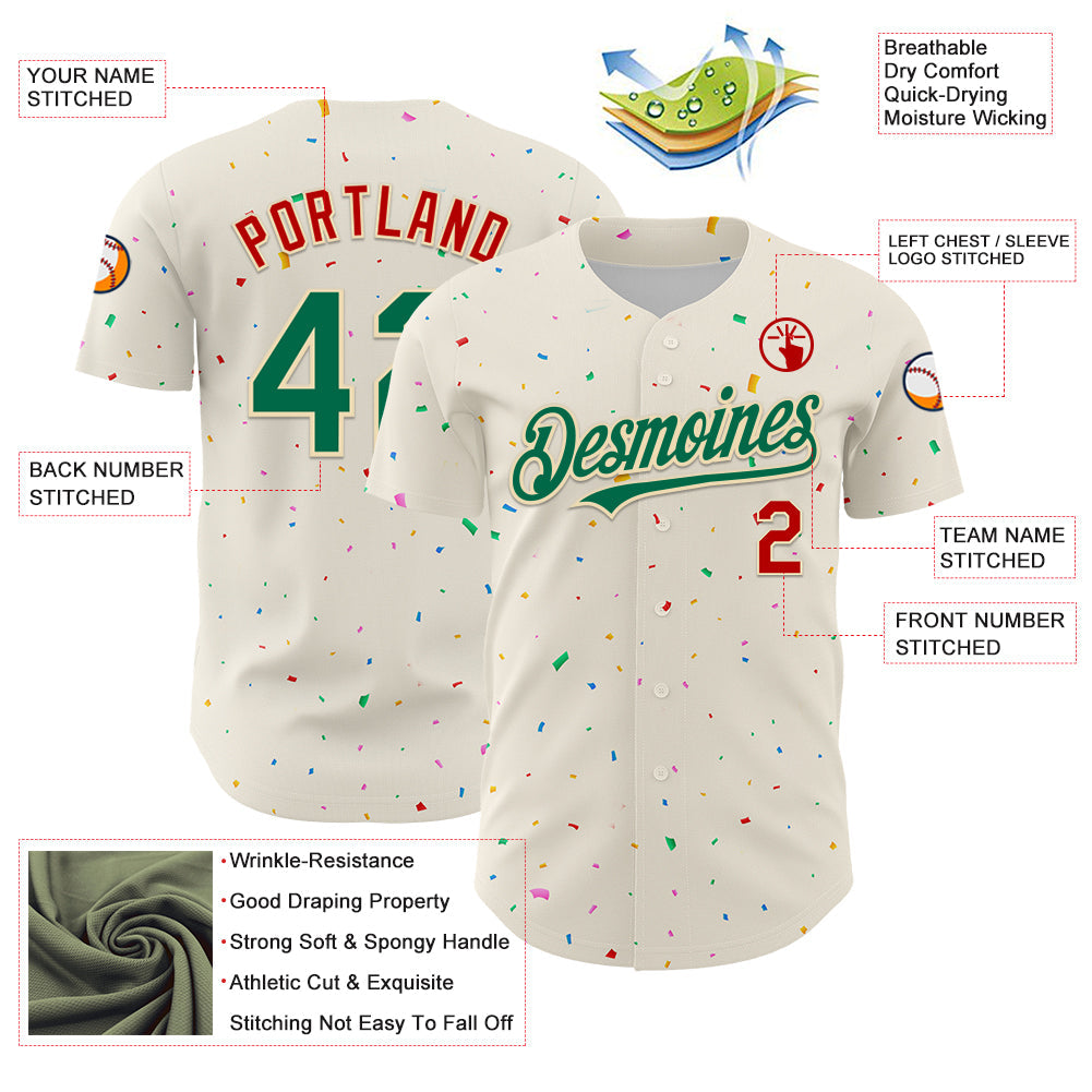 Custom Cream Kelly Green-Red 3D Pattern Design Confetti Authentic Baseball Jersey - Sky-Custom