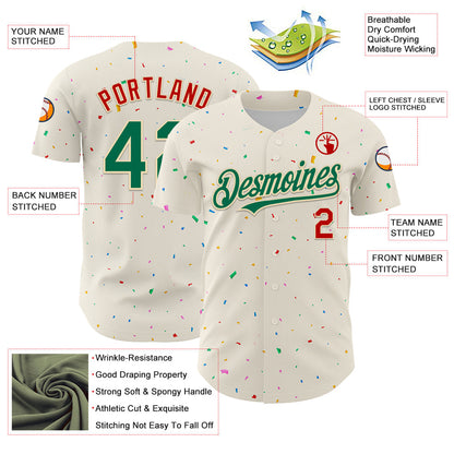 Custom Cream Kelly Green-Red 3D Pattern Design Confetti Authentic Baseball Jersey - Sky-Custom