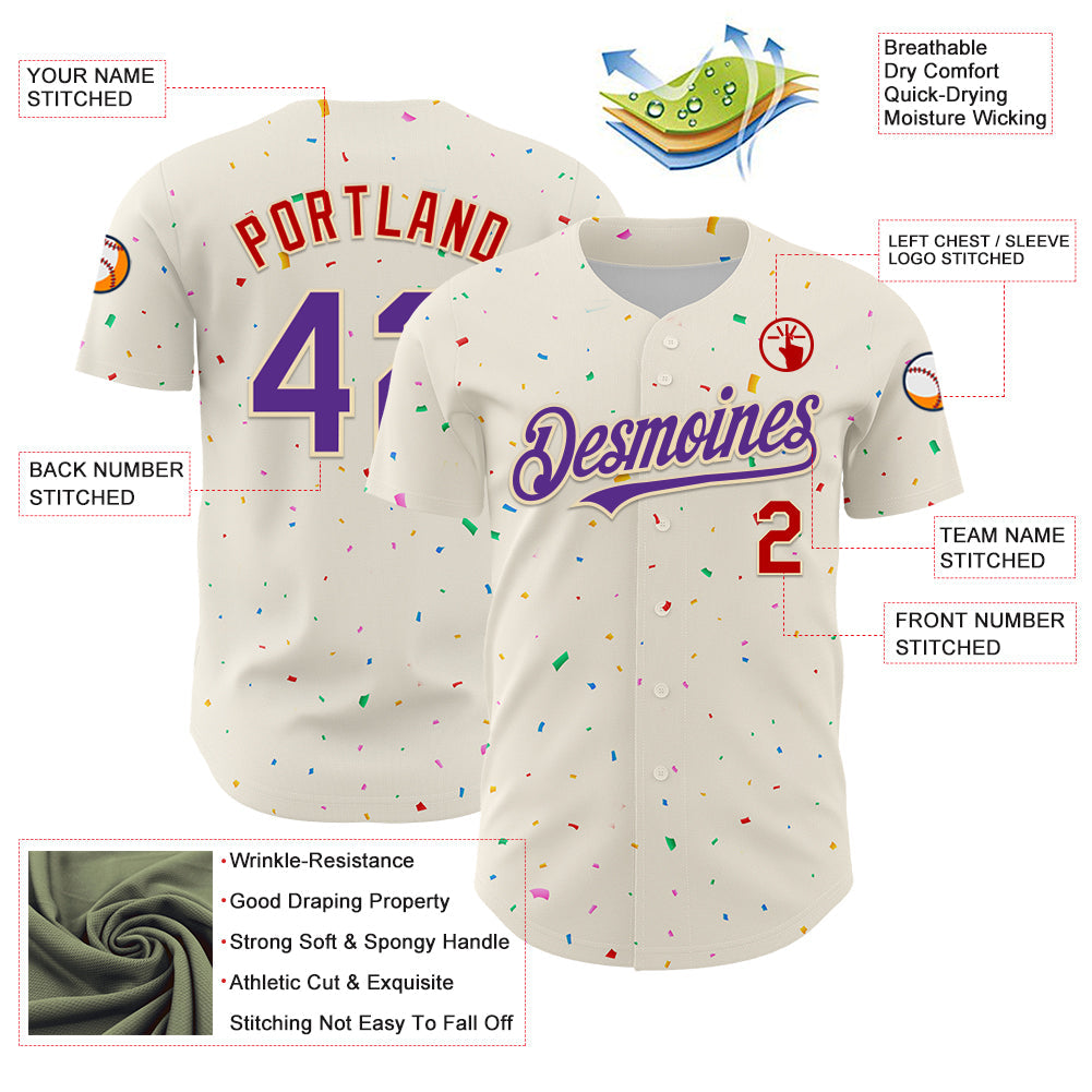 Custom Cream Purple-Red 3D Pattern Design Confetti Authentic Baseball Jersey - Sky-Custom
