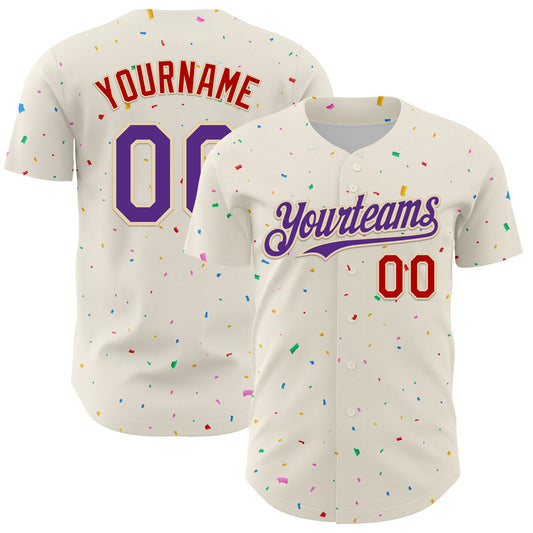 Custom Cream Purple-Red 3D Pattern Design Confetti Authentic Baseball Jersey - Sky-Custom