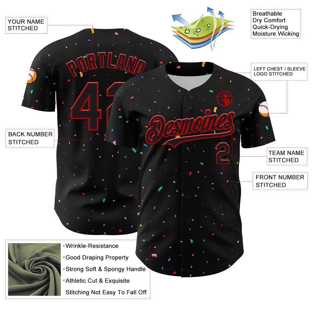 Custom Black Red 3D Pattern Design Confetti Authentic Baseball Jersey - Sky-Custom