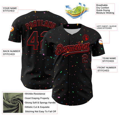 Custom Black Red 3D Pattern Design Confetti Authentic Baseball Jersey - Sky-Custom