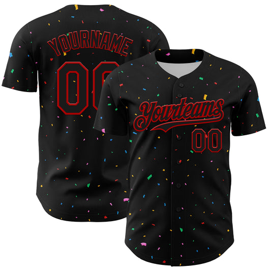 Custom Black Red 3D Pattern Design Confetti Authentic Baseball Jersey - Sky-Custom