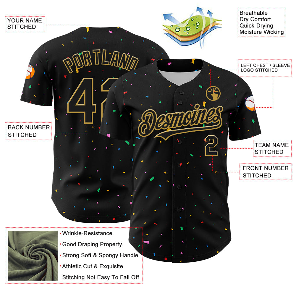 Custom Black Old Gold 3D Pattern Design Confetti Authentic Baseball Jersey - Sky-Custom