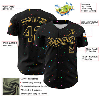 Custom Black Old Gold 3D Pattern Design Confetti Authentic Baseball Jersey - Sky-Custom