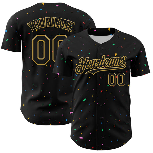 Custom Black Old Gold 3D Pattern Design Confetti Authentic Baseball Jersey - Sky-Custom
