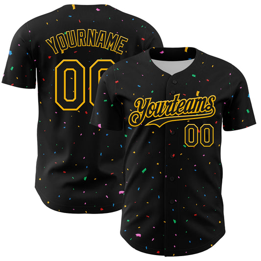 Custom Black Gold 3D Pattern Design Confetti Authentic Baseball Jersey - Sky-Custom