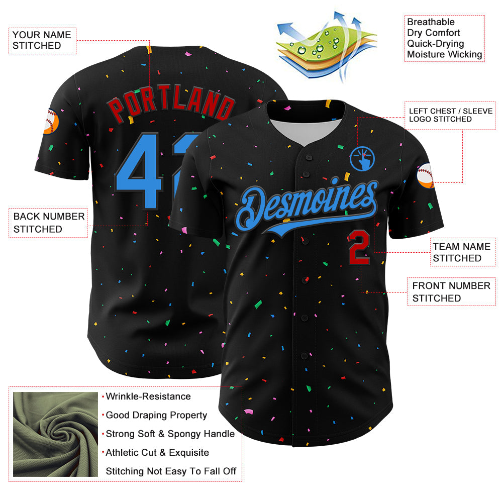 Custom Black Electric Blue-Red 3D Pattern Design Confetti Authentic Baseball Jersey - Sky-Custom