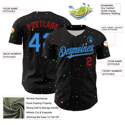Custom Black Electric Blue-Red 3D Pattern Design Confetti Authentic Baseball Jersey - Sky-Custom