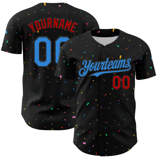Custom Black Electric Blue-Red 3D Pattern Design Confetti Authentic Baseball Jersey - Sky-Custom