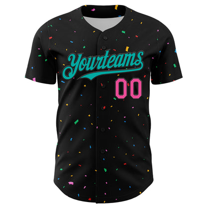 Custom Black Aqua-Pink 3D Pattern Design Confetti Authentic Baseball Jersey - Sky-Custom