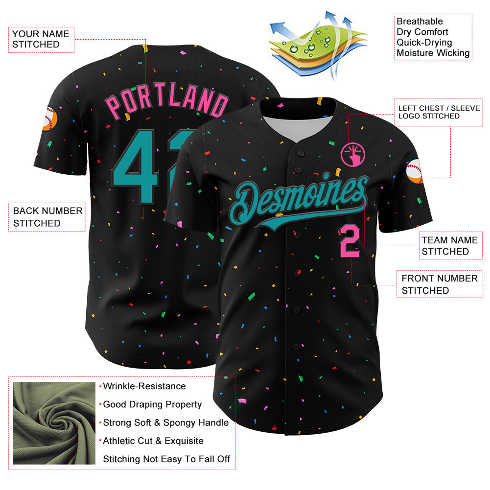 Custom Black Aqua-Pink 3D Pattern Design Confetti Authentic Baseball Jersey - Sky-Custom