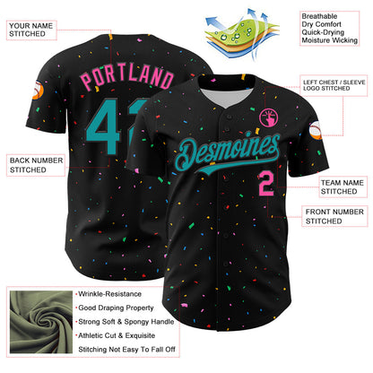 Custom Black Aqua-Pink 3D Pattern Design Confetti Authentic Baseball Jersey - Sky-Custom