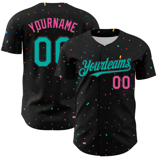 Custom Black Aqua-Pink 3D Pattern Design Confetti Authentic Baseball Jersey - Sky-Custom