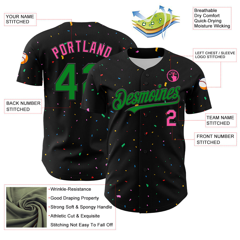 Custom Black Grass Green-Pink 3D Pattern Design Confetti Authentic Baseball Jersey - Sky-Custom