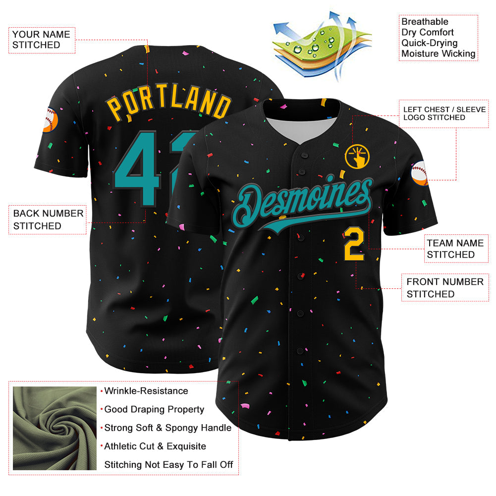 Custom Black Teal-Gold 3D Pattern Design Confetti Authentic Baseball Jersey - Sky-Custom