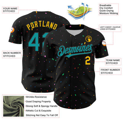 Custom Black Teal-Gold 3D Pattern Design Confetti Authentic Baseball Jersey - Sky-Custom