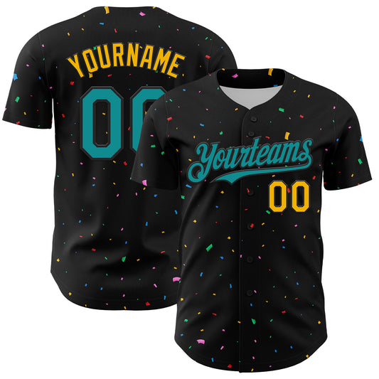 Custom Black Teal-Gold 3D Pattern Design Confetti Authentic Baseball Jersey - Sky-Custom