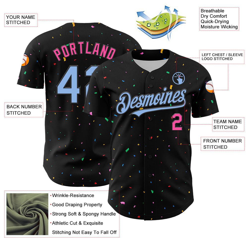 Custom Black Light Blue-Pink 3D Pattern Design Confetti Authentic Baseball Jersey - Sky-Custom