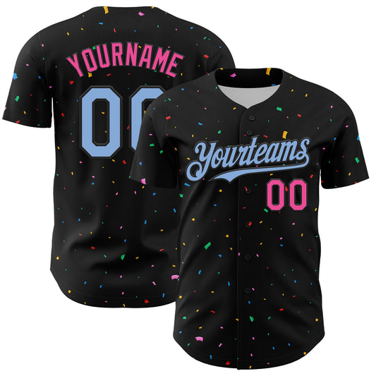 Custom Black Light Blue-Pink 3D Pattern Design Confetti Authentic Baseball Jersey - Sky-Custom