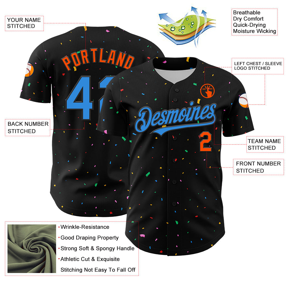 Custom Black Electric Blue-Orange 3D Pattern Design Confetti Authentic Baseball Jersey - Sky-Custom
