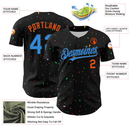 Custom Black Electric Blue-Orange 3D Pattern Design Confetti Authentic Baseball Jersey - Sky-Custom