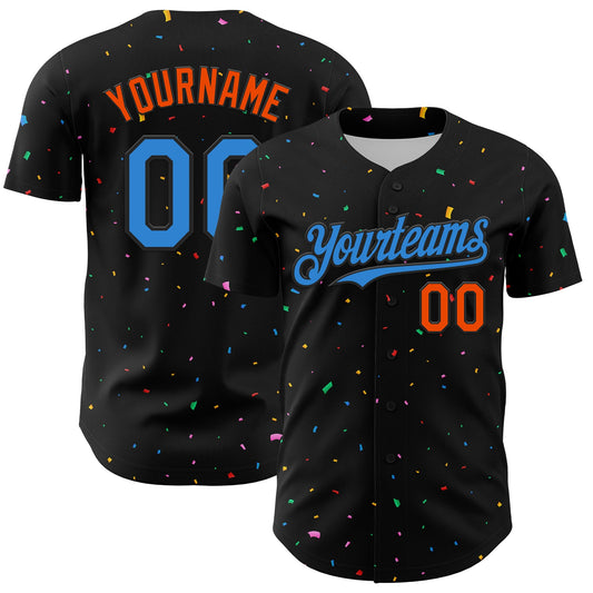 Custom Black Electric Blue-Orange 3D Pattern Design Confetti Authentic Baseball Jersey - Sky-Custom