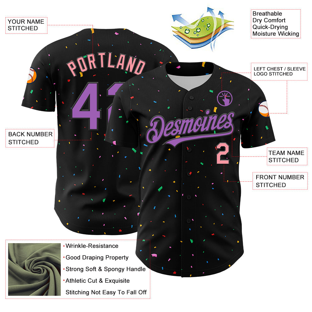Custom Black Medium Purple-Medium Pink 3D Pattern Design Confetti Authentic Baseball Jersey - Sky-Custom